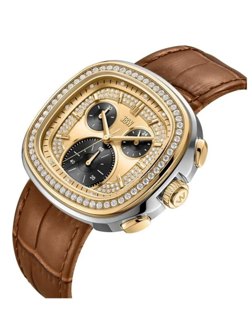 NWT JBW Coast Leather Chronograph GMT Quartz Diamond Gold Dial Men's Watch